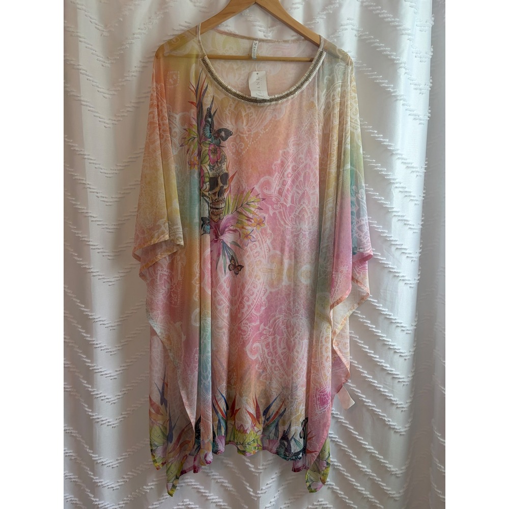 Amiani Resort Fashion XL Kaftan Top Pastel Sugar Skull Mesh Embellished NWT